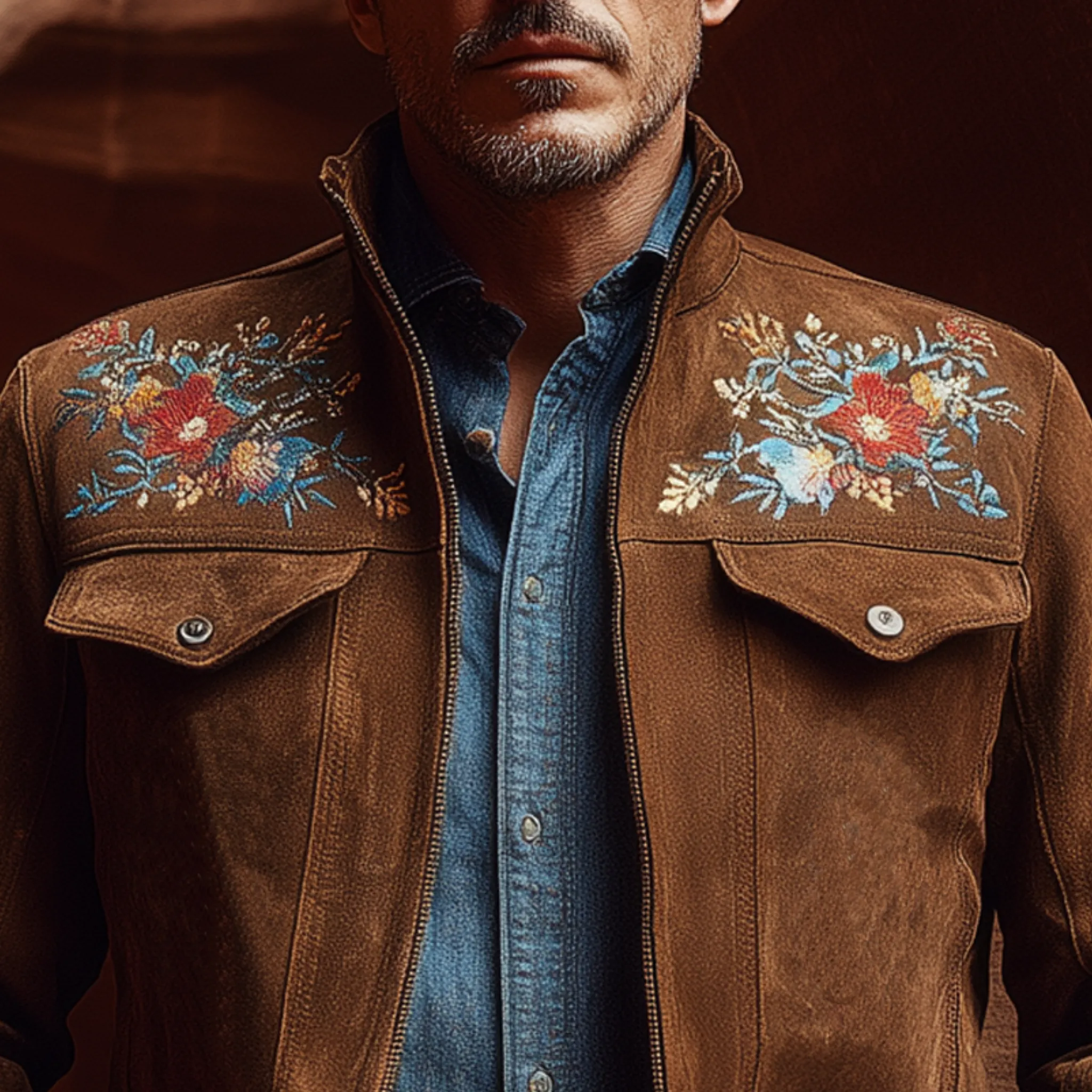 Men's Classic American Retro Western Style Stand Collar Embroidered Suede Jacket MTA2162H3K sold by Manly product image thumbnail 4