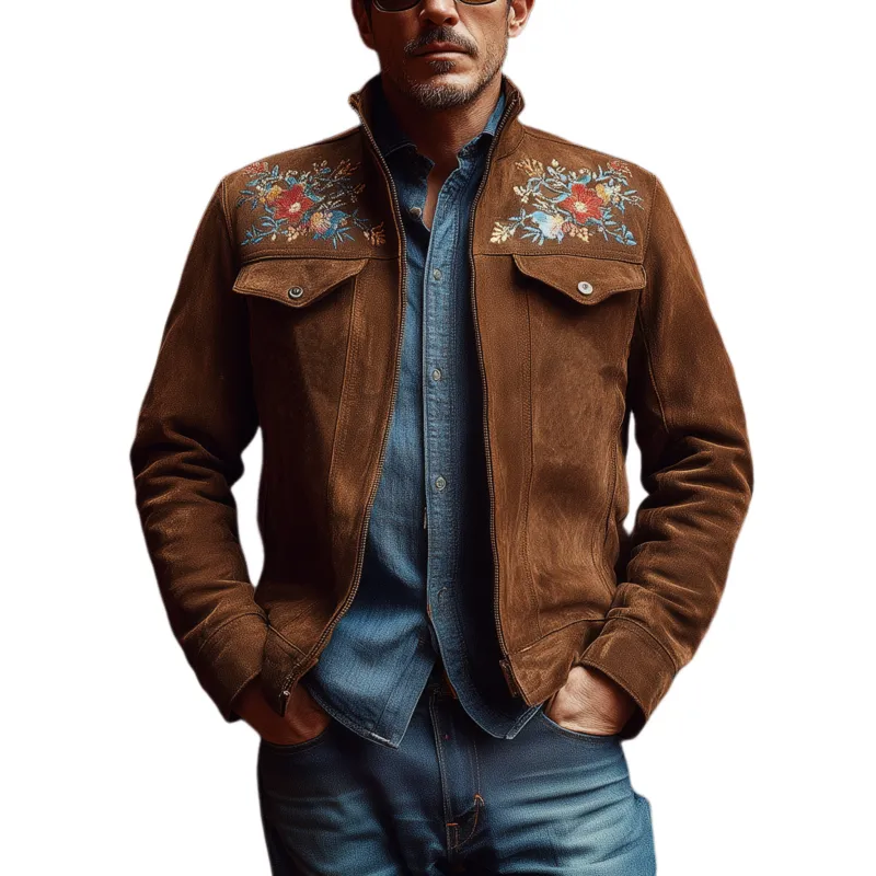 Men's Classic American Retro Western Style Stand Collar Embroidered Suede Jacket MTA2162H3K sold by Manly