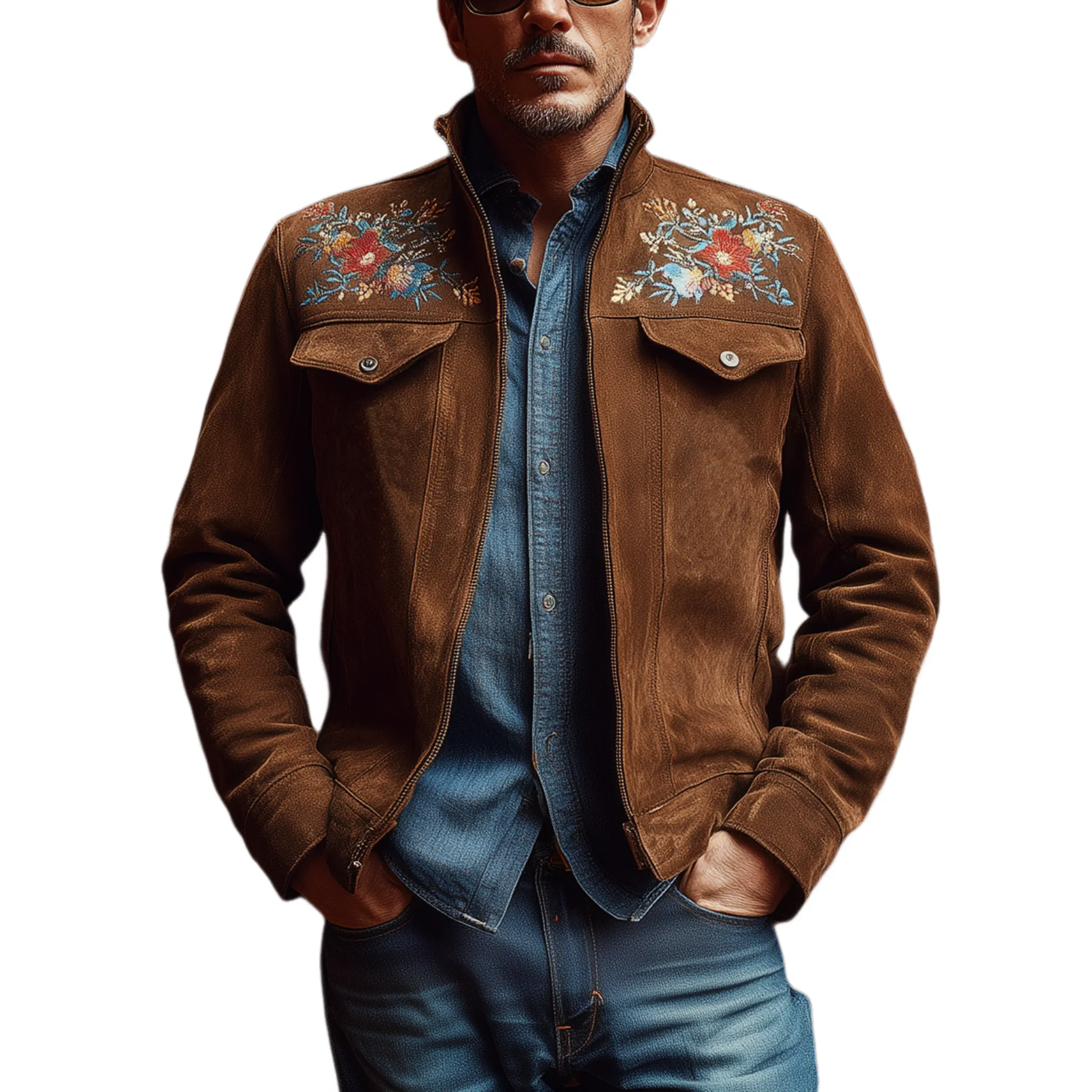 Men's Classic American Retro Western Style Stand Collar Embroidered Suede Jacket MTA2162H3K sold by Manly