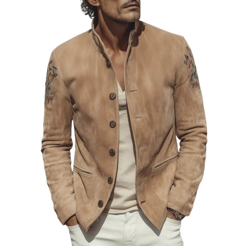 Men's Classic Retro Western Style Stand Collar Embroidered Suede Jacket MTA2127H9K sold by Manly