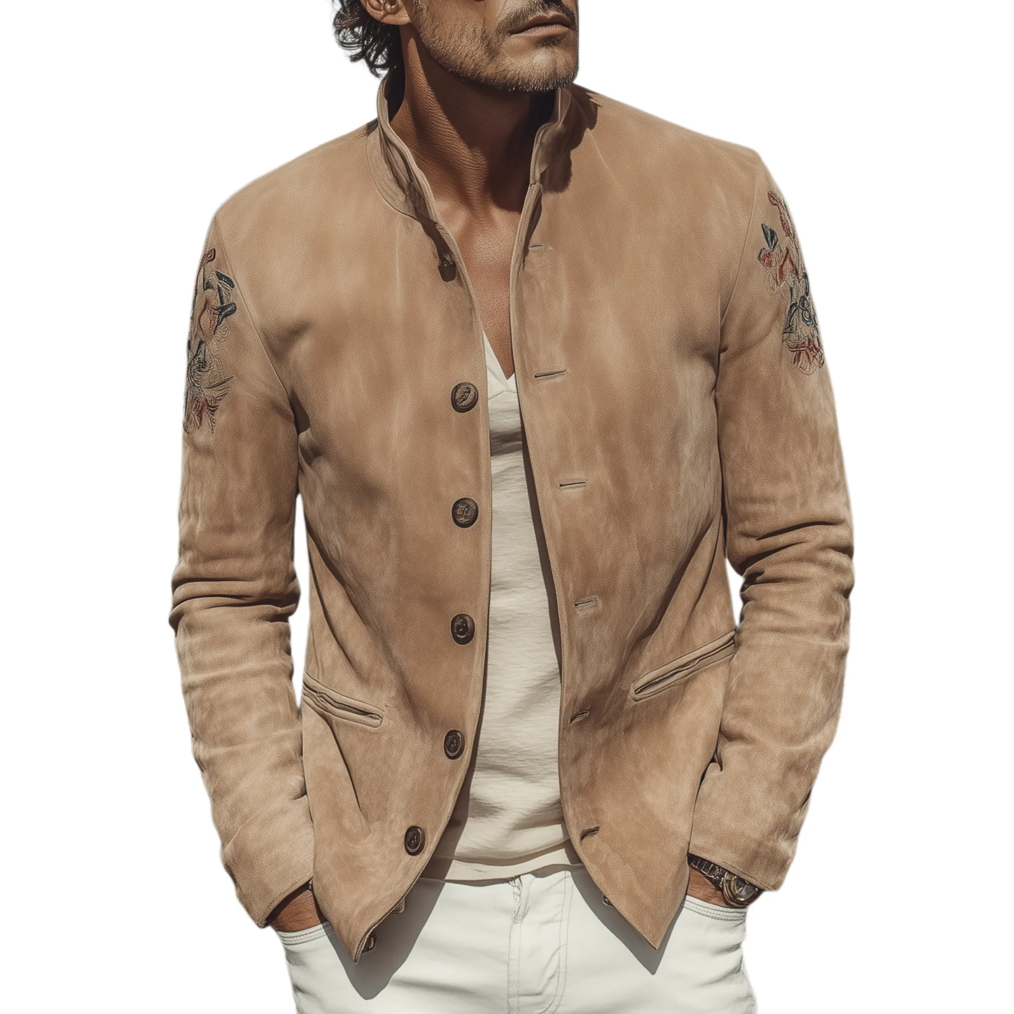 Men's Classic Retro Western Style Stand Collar Embroidered Suede Jacket MTA2127H9K sold by Manly