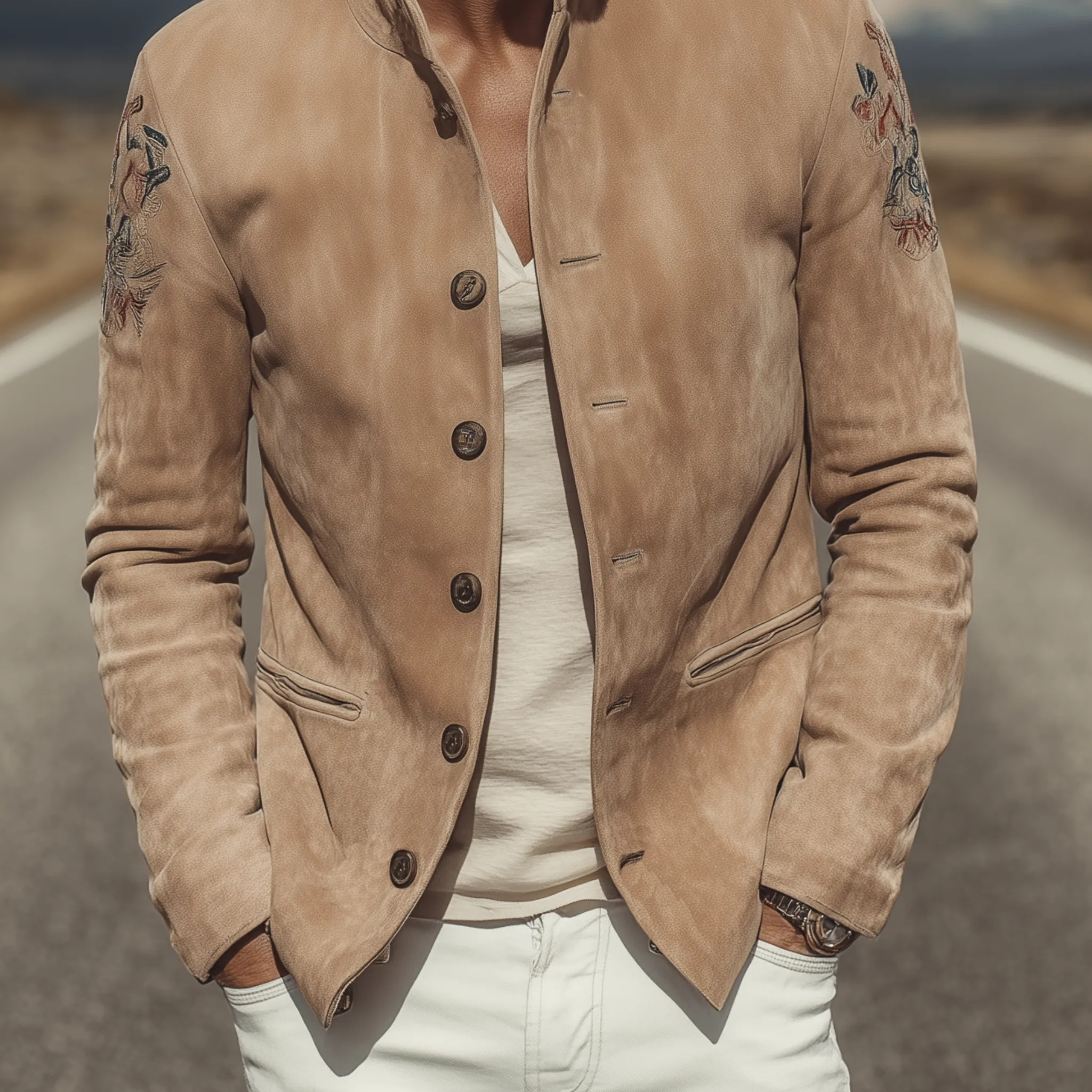 Men's Classic Retro Western Style Stand Collar Embroidered Suede Jacket MTA2127H9K sold by Manly product image thumbnail 5