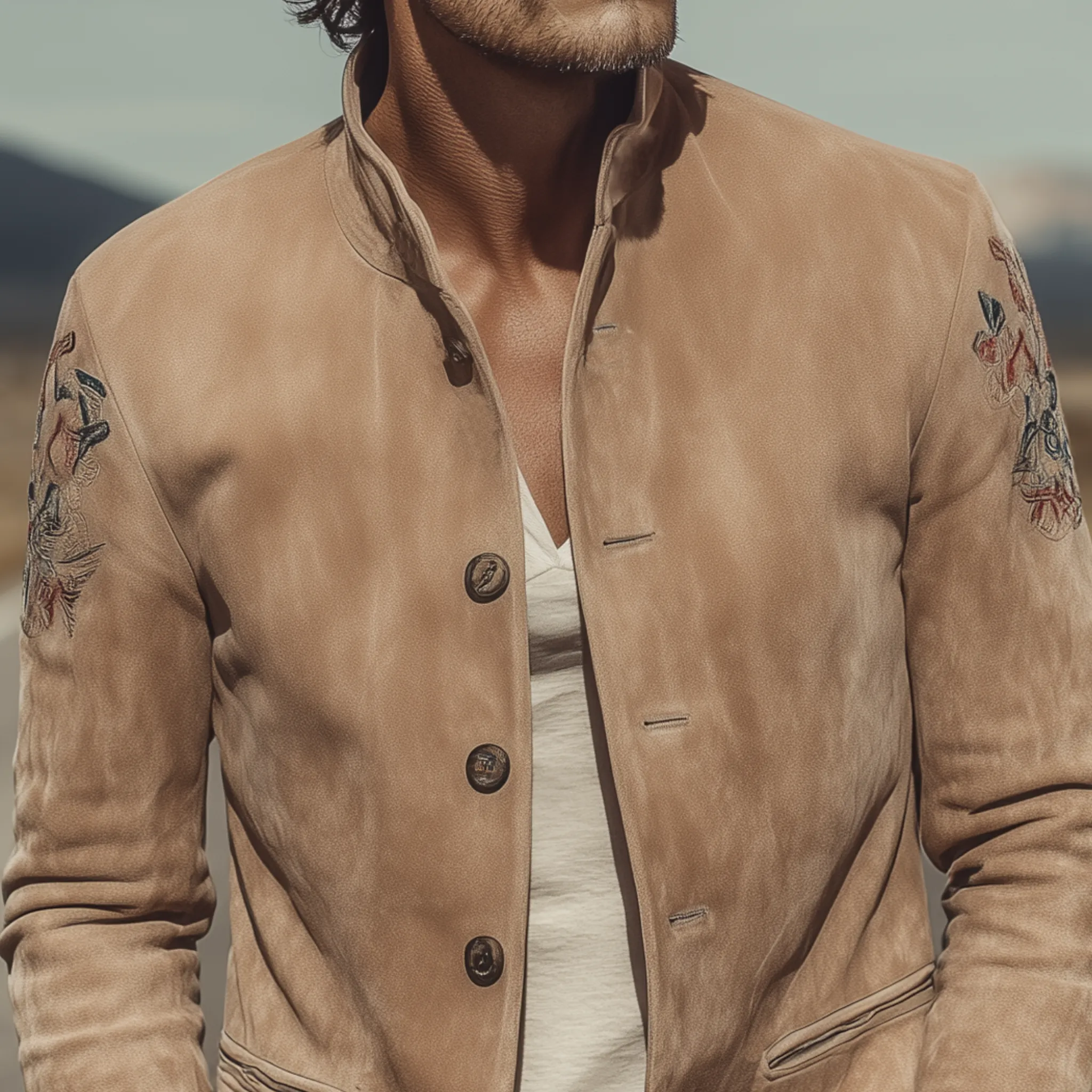 Men's Classic Retro Western Style Stand Collar Embroidered Suede Jacket MTA2127H9K sold by Manly product image thumbnail 4