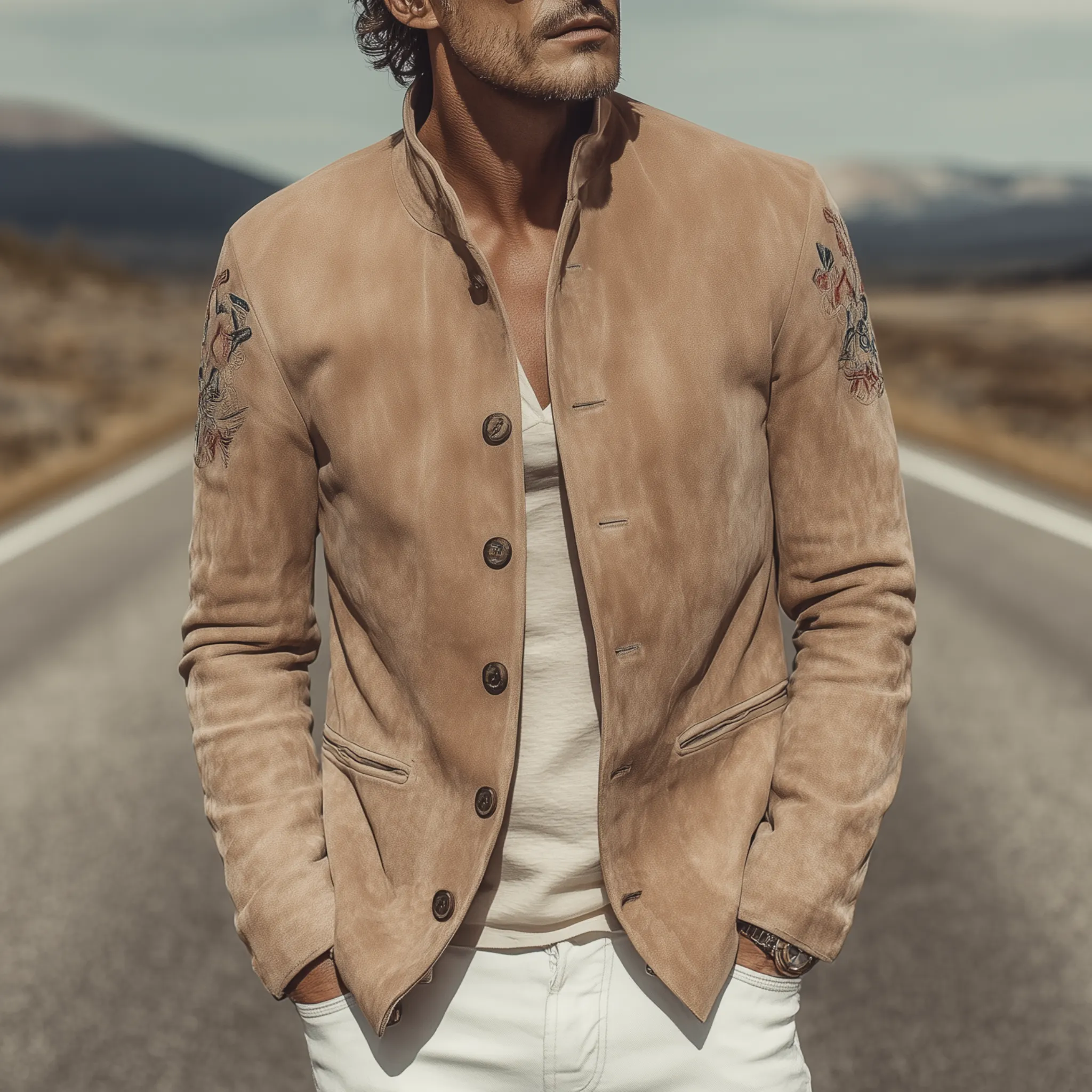 Men's Classic Retro Western Style Stand Collar Embroidered Suede Jacket MTA2127H9K sold by Manly product image thumbnail 2