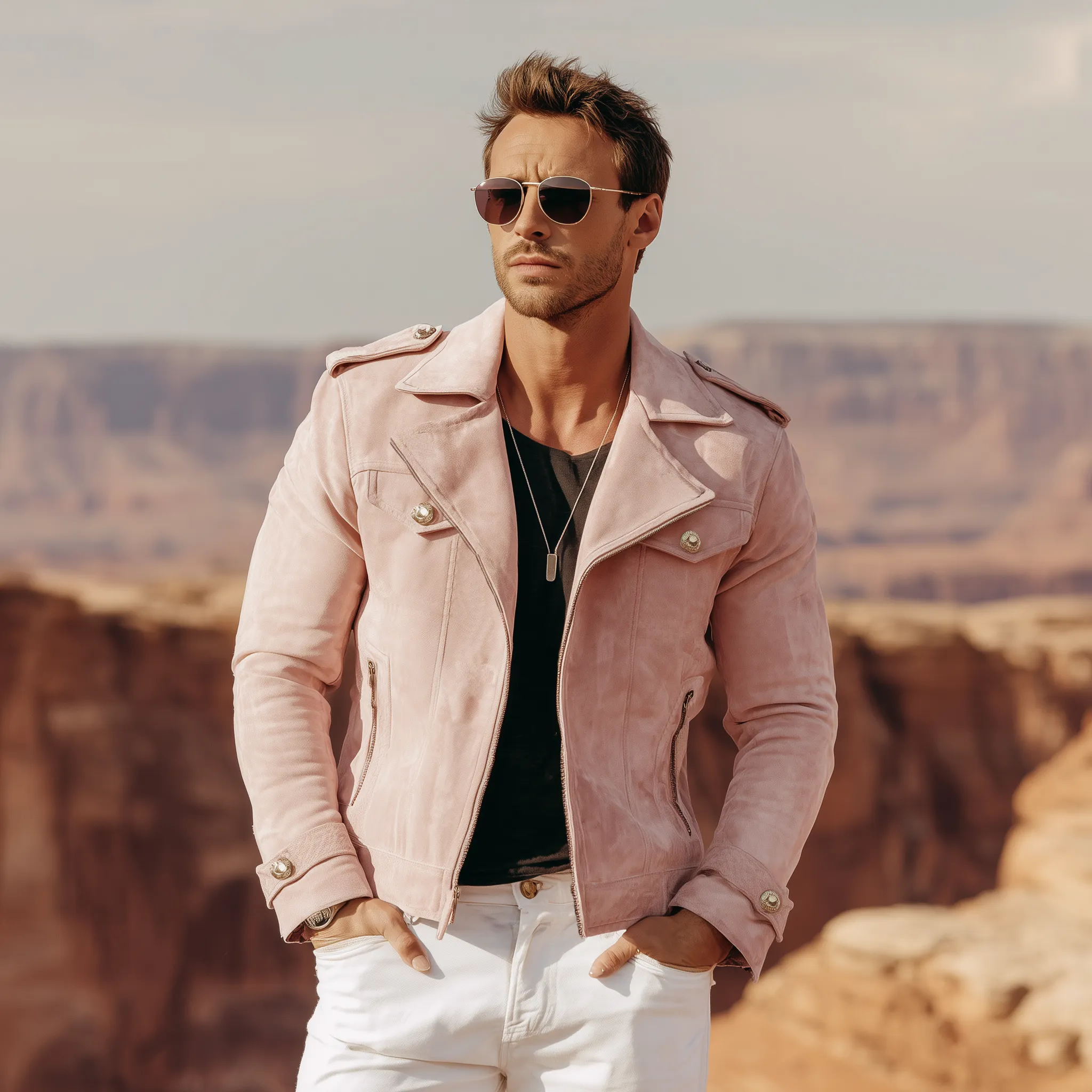 Men's Classic American Retro Western Style Lapel Pink Suede Motorcycle Jacket MTA2118H3K sold by Manly product image thumbnail 3