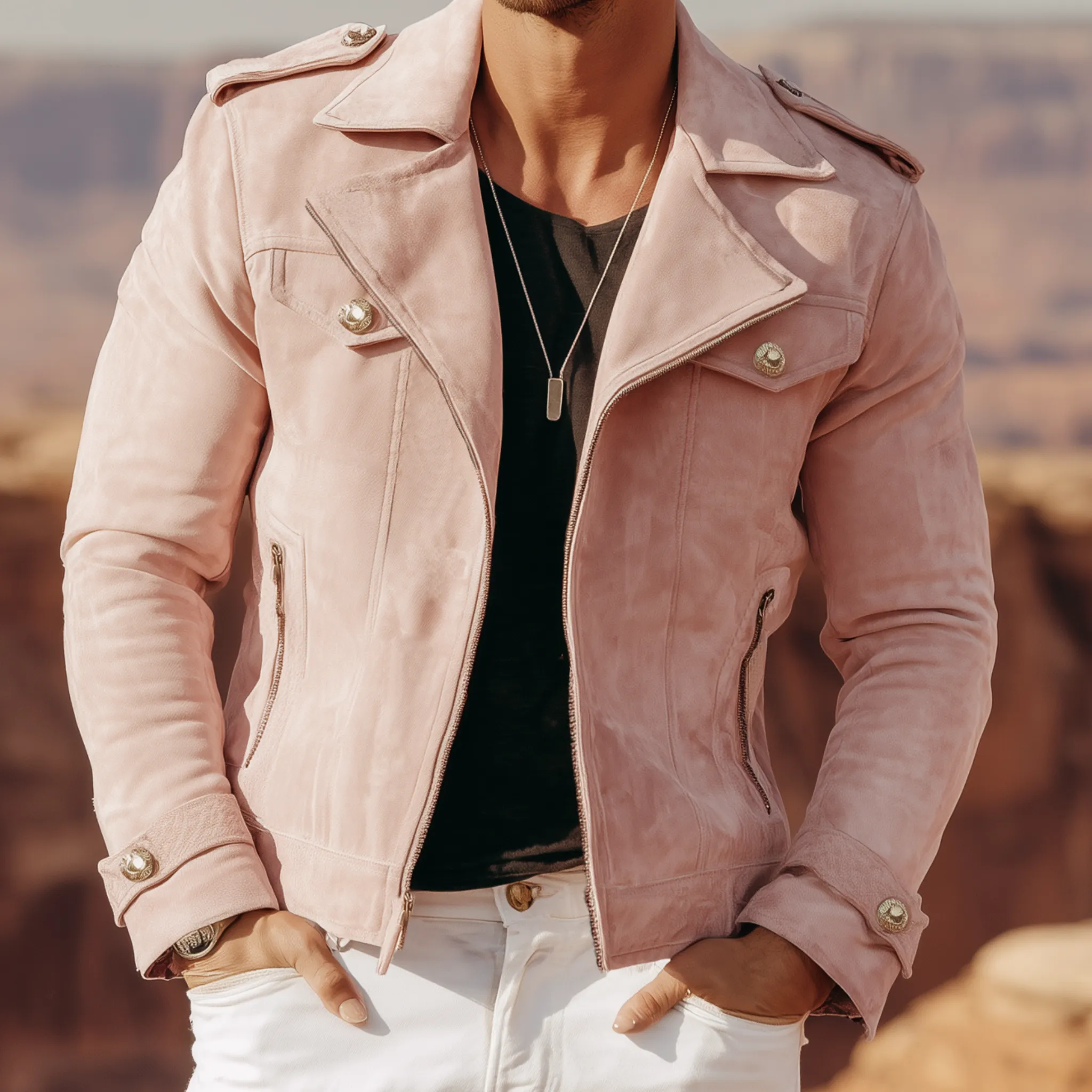 Men's Classic American Retro Western Style Lapel Pink Suede Motorcycle Jacket MTA2118H3K sold by Manly product image thumbnail 5