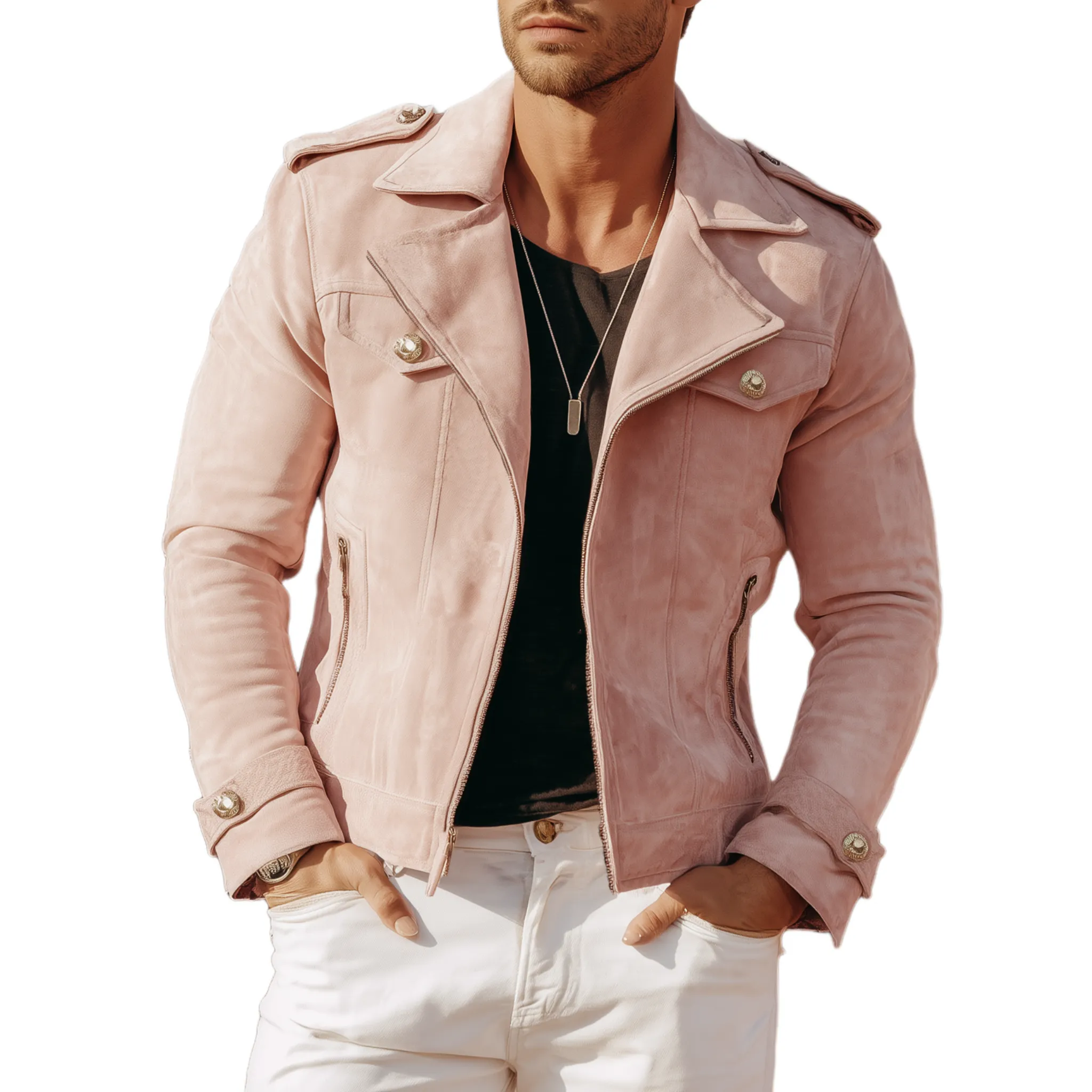 Men's Classic American Retro Western Style Lapel Pink Suede Motorcycle Jacket MTA2118H3K sold by Manly