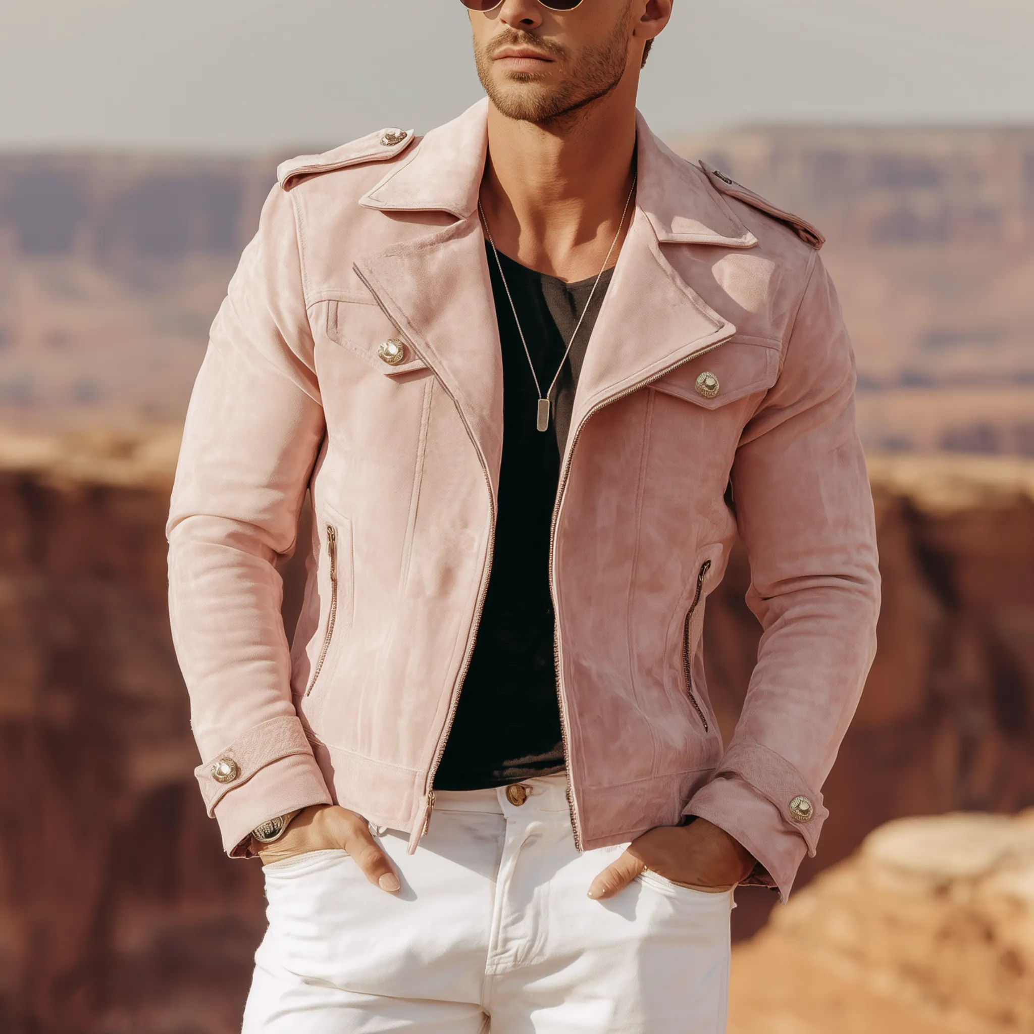 Men's Classic American Retro Western Style Lapel Pink Suede Motorcycle Jacket MTA2118H3K sold by Manly product image thumbnail 2