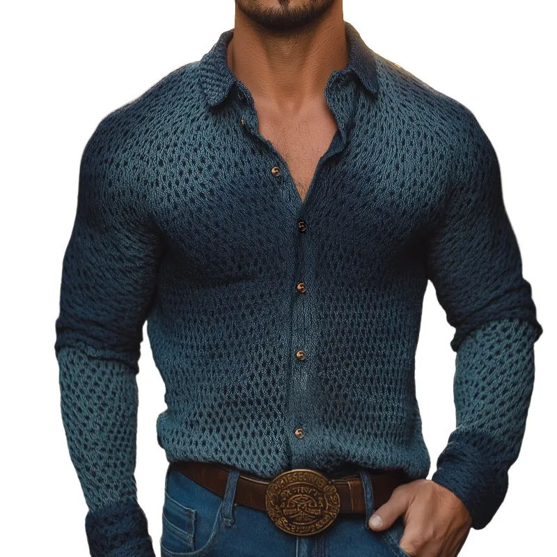 Men's Retro Casual Western Style Gradient Knit Lapel Long Sleeve Shirt MTA1996H1TO sold by Manly