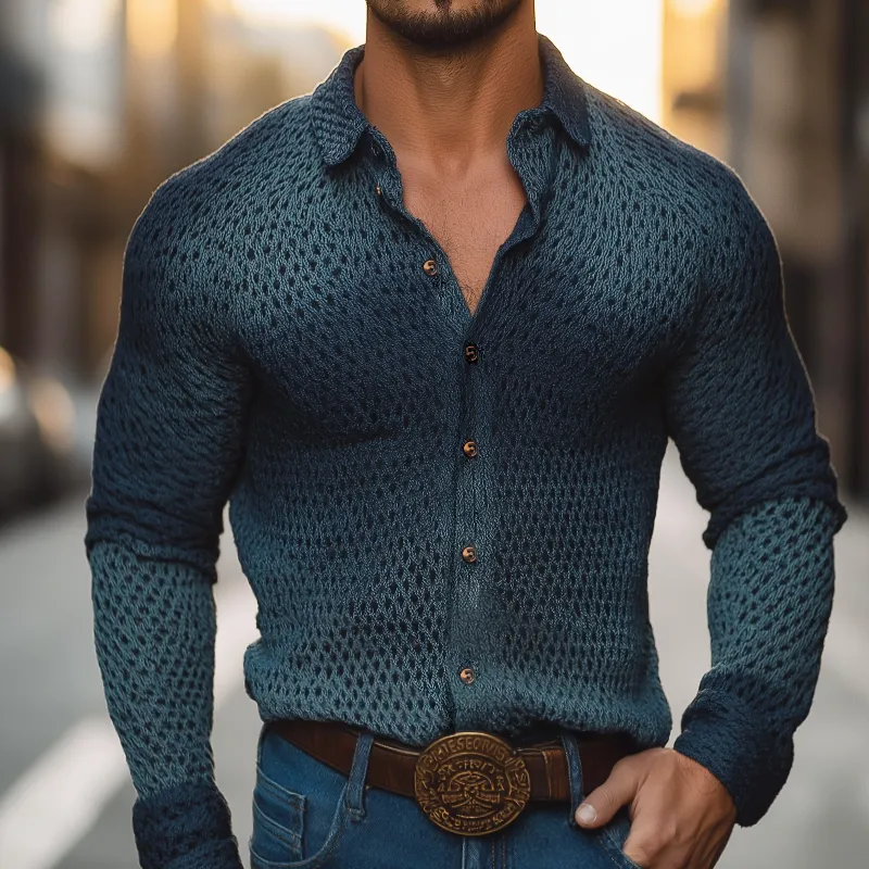 Men's Retro Casual Western Style Gradient Knit Lapel Long Sleeve Shirt MTA1996H1TO sold by Manly product image thumbnail 2