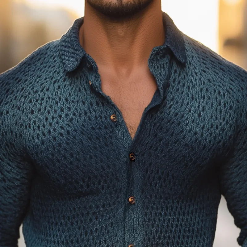 Men's Retro Casual Western Style Gradient Knit Lapel Long Sleeve Shirt MTA1996H1TO sold by Manly product image thumbnail 3