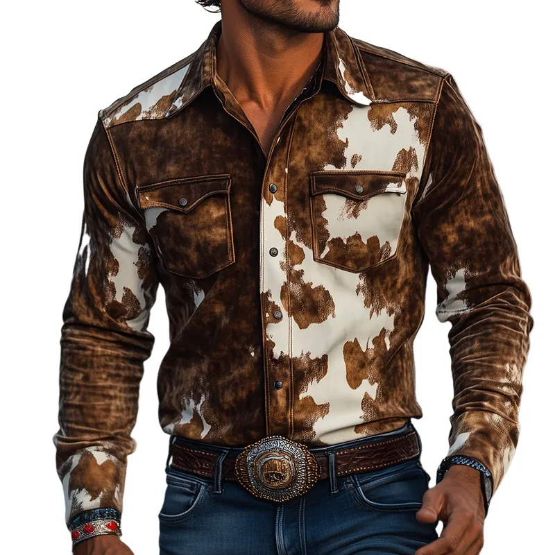 Men's Retro Casual Western Style Cow Print Suede Lapel Long Sleeve Shirt MTA1964H9TO sold by Manly