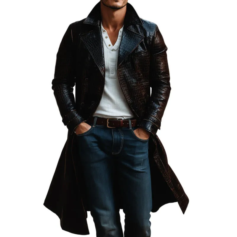 Men's Fashion Vintage Crocodile Pattern PU Notch Lapel Double-Breasted Slim Knee-Length Coat MTA2104H4M sold by Manly