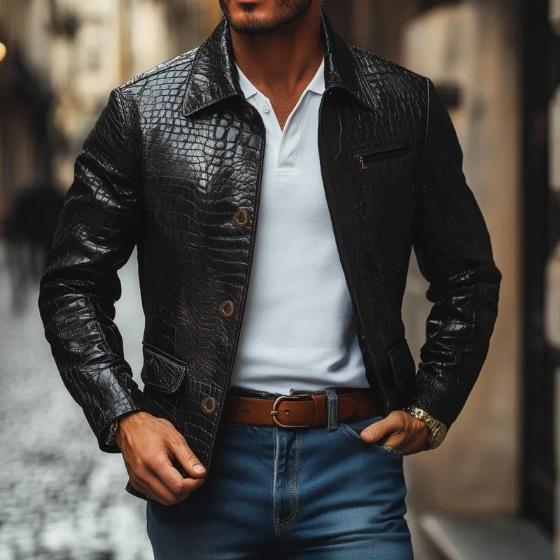 Men's Fashion Vintage Crocodile Pattern PU Lapel Single Breasted Slim Fit Jacket MTA2195H4M sold by Manly product image thumbnail 2