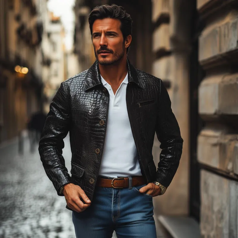 Men's Fashion Vintage Crocodile Pattern PU Lapel Single Breasted Slim Fit Jacket MTA2195H4M sold by Manly product image thumbnail 3