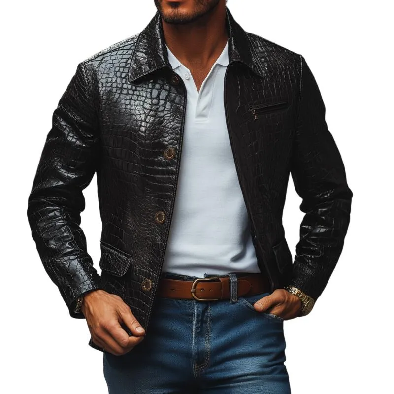 Men's Fashion Vintage Crocodile Pattern PU Lapel Single Breasted Slim Fit Jacket MTA2195H4M sold by Manly