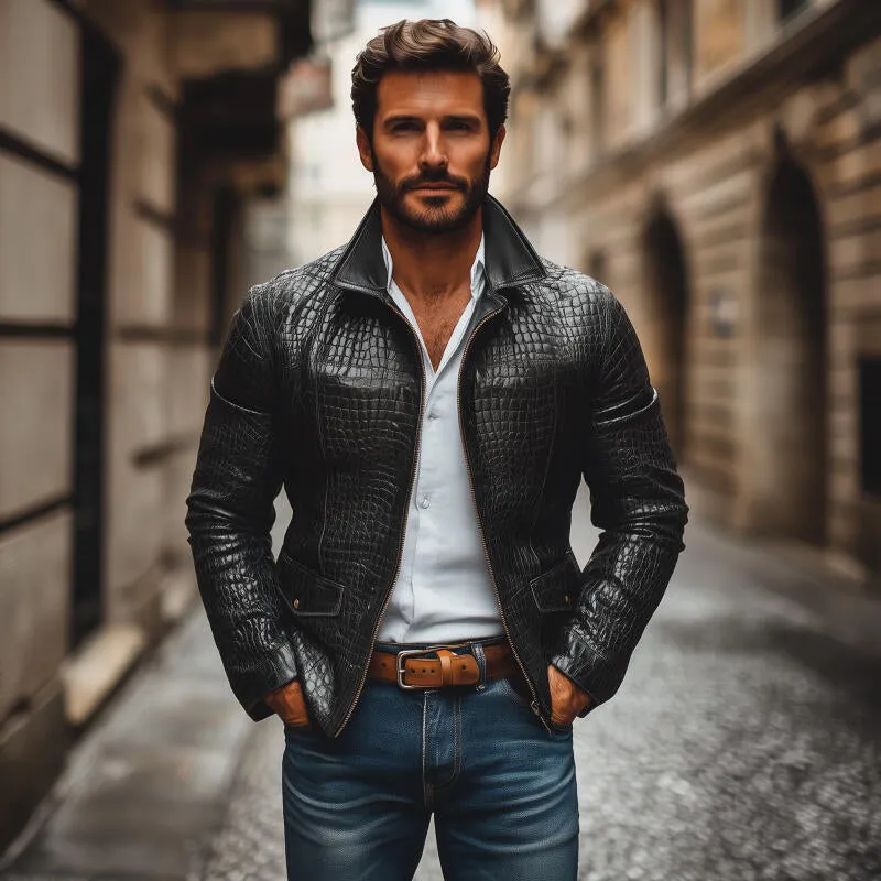 Men's Fashion Vintage Crocodile Pattern PU Lapel Zipper Placket Slim Fit Jacket MTA2197H1M sold by Manly product image thumbnail 3