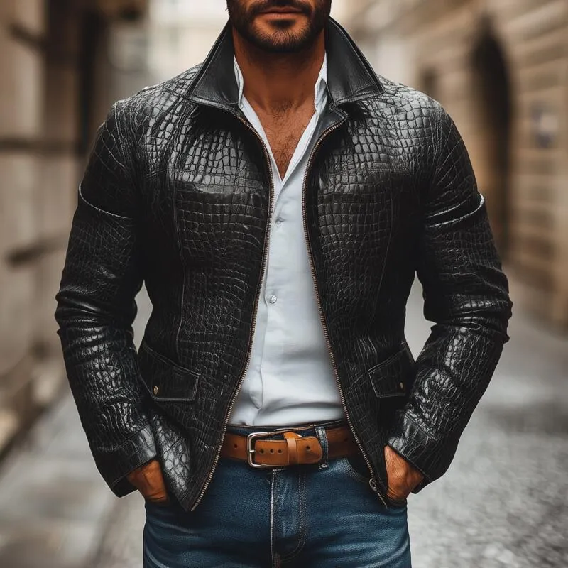Men's Fashion Vintage Crocodile Pattern PU Lapel Zipper Placket Slim Fit Jacket MTA2197H1M sold by Manly product image thumbnail 2
