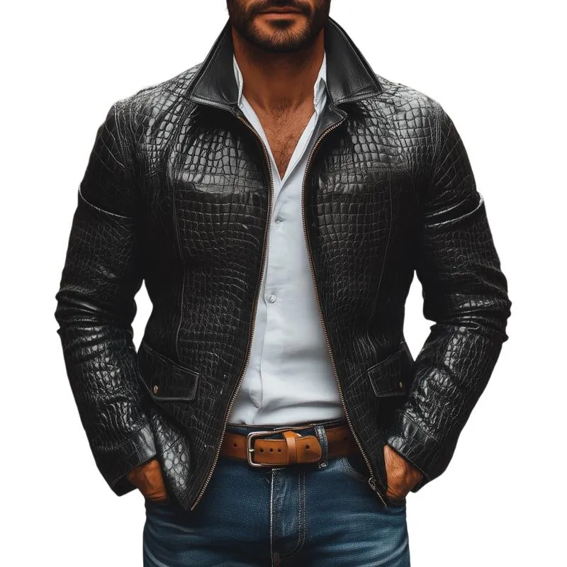 Men's Fashion Vintage Crocodile Pattern PU Lapel Zipper Placket Slim Fit Jacket MTA2197H1M sold by Manly