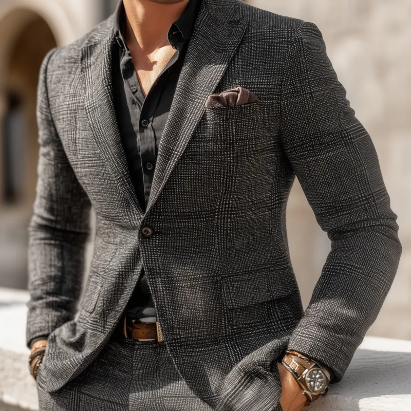 Men's Vintage Cotton Blend Plaid Peak Lapel Single-Breasted Slim-Fit Blazer MTA1917H3M sold by Manly product image thumbnail 3