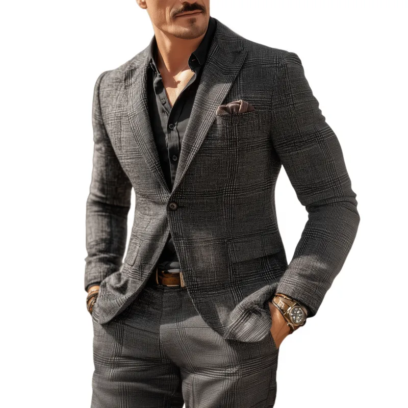 Men's Vintage Cotton Blend Plaid Peak Lapel Single-Breasted Slim-Fit Blazer MTA1917H3M sold by Manly