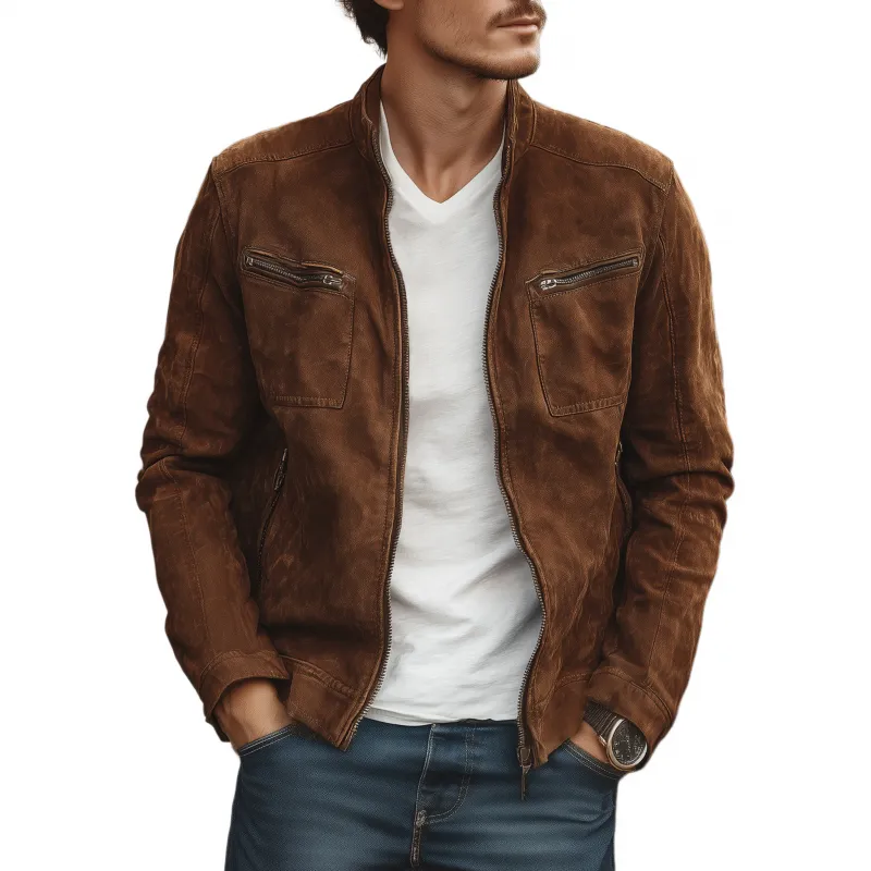 Men's Vintage Faux Suede Stand Collar Zipper Placket Slim Fit Multi-Pocket Cargo Jacket MTA1942H2M sold by Manly