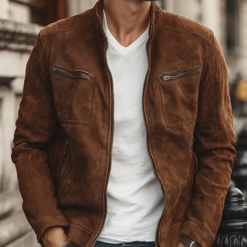 Men's Vintage Faux Suede Stand Collar Zipper Placket Slim Fit Multi-Pocket Cargo Jacket MTA1942H2M sold by Manly product image thumbnail 3