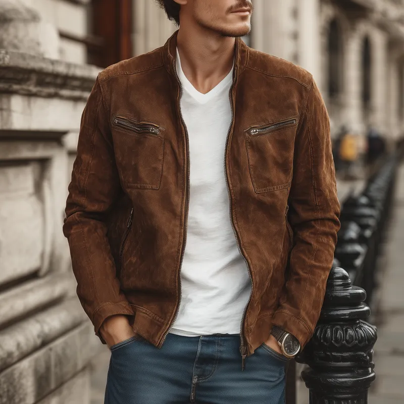 Men's Vintage Faux Suede Stand Collar Zipper Placket Slim Fit Multi-Pocket Cargo Jacket MTA1942H2M sold by Manly product image thumbnail 2