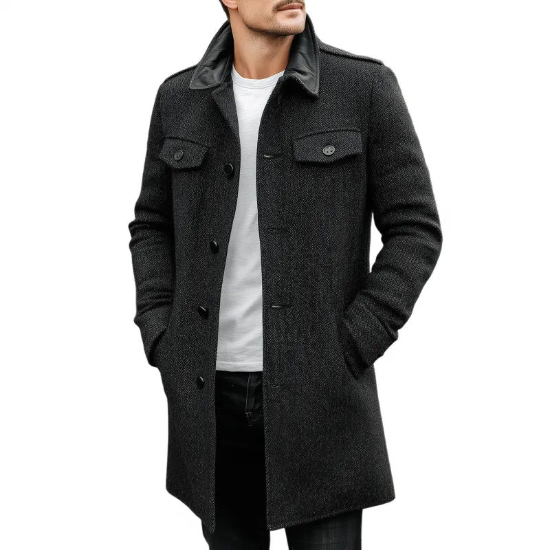 Men's Vintage Herringbone Pattern Splicing PU Lapel Single-Breasted Loose Warm Coat MTA1989H6M sold by Manly