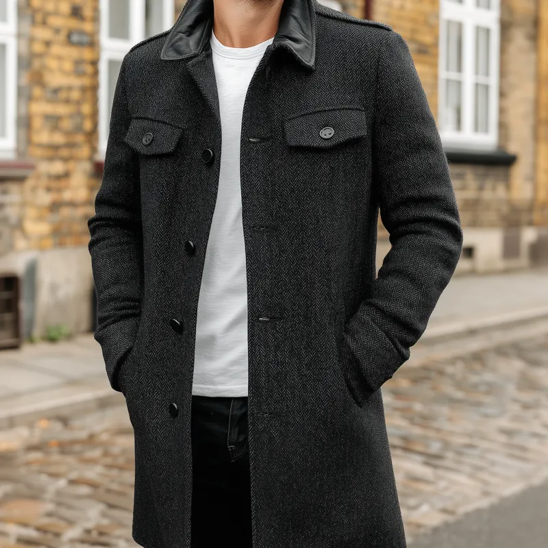 Men's Vintage Herringbone Pattern Splicing PU Lapel Single-Breasted Loose Warm Coat MTA1989H6M sold by Manly product image thumbnail 3