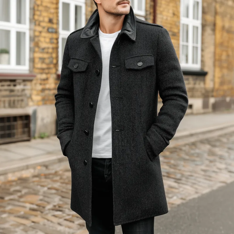 Men's Vintage Herringbone Pattern Splicing PU Lapel Single-Breasted Loose Warm Coat MTA1989H6M sold by Manly product image thumbnail 2