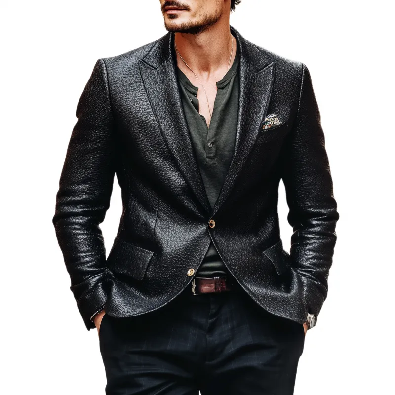 Men's Vintage Litchi Texture PU Peak Lapel Single-Breasted Slim-Fit Blazer MTA1928H7M sold by Manly