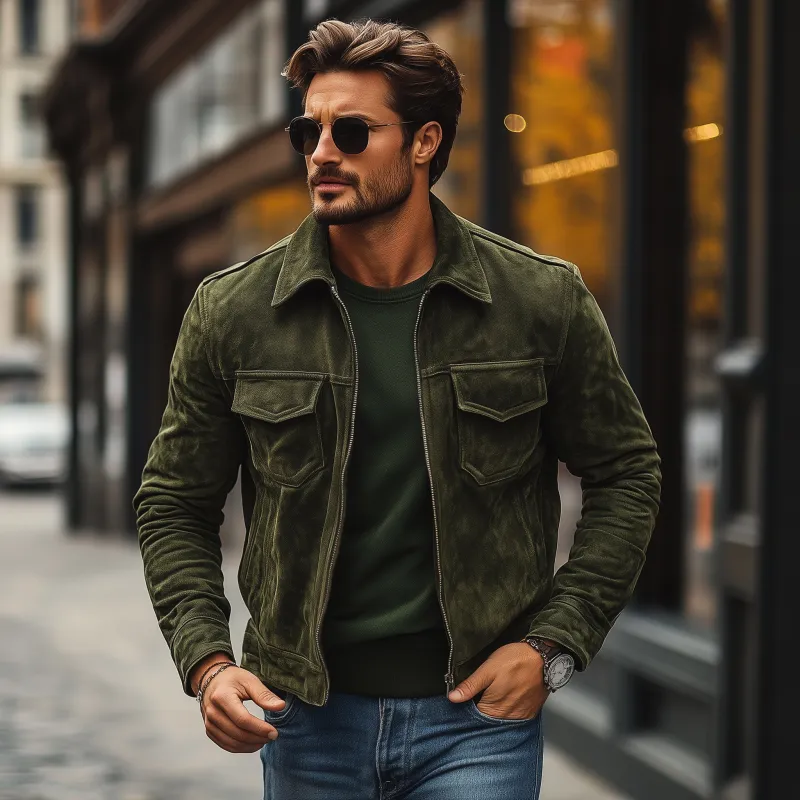 Men's Vintage Solid Faux Suede Lapel Zipper Placket Flap Chest Pocket Slim Fit Jacket MTA0579H8M sold by Manly product image thumbnail 3