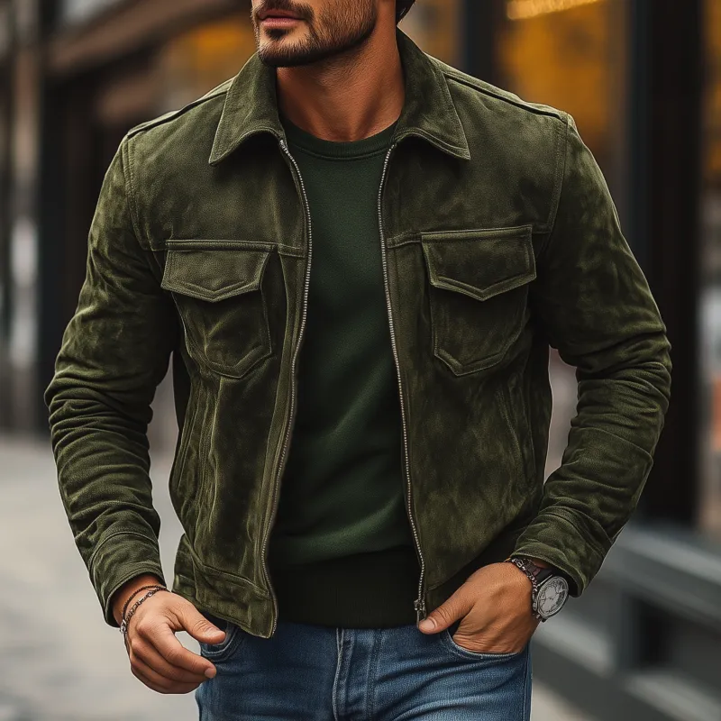 Men's Vintage Solid Faux Suede Lapel Zipper Placket Flap Chest Pocket Slim Fit Jacket MTA0579H8M sold by Manly product image thumbnail 2