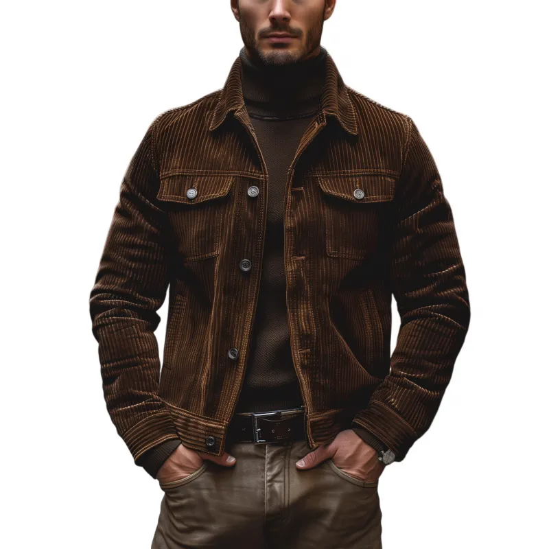Men's Vintage Solid Color Corduroy Lapel Single Breasted Slim Fit Jacket MTA1426H6M sold by Manly