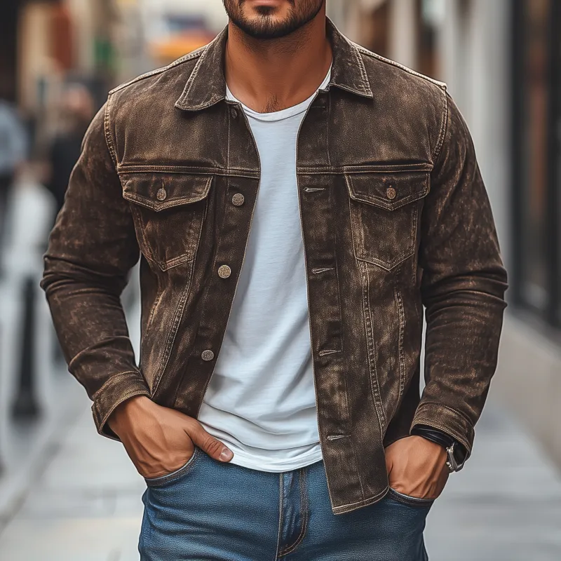 Men's Vintage Distressed Washed Denim Lapel Single-breasted Flap Chest Pocket Slim Fit Long-sleeved Shirt MTA1412H8M sold by Manly product image thumbnail 2