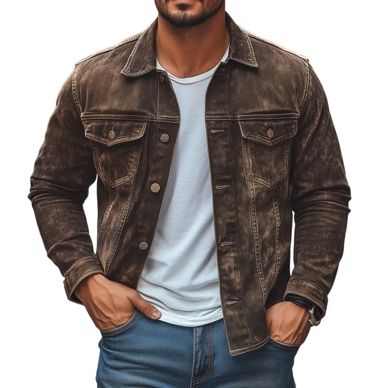 Men's Vintage Distressed Washed Denim Lapel Single-breasted Flap Chest Pocket Slim Fit Long-sleeved Shirt MTA1412H8M sold by Manly
