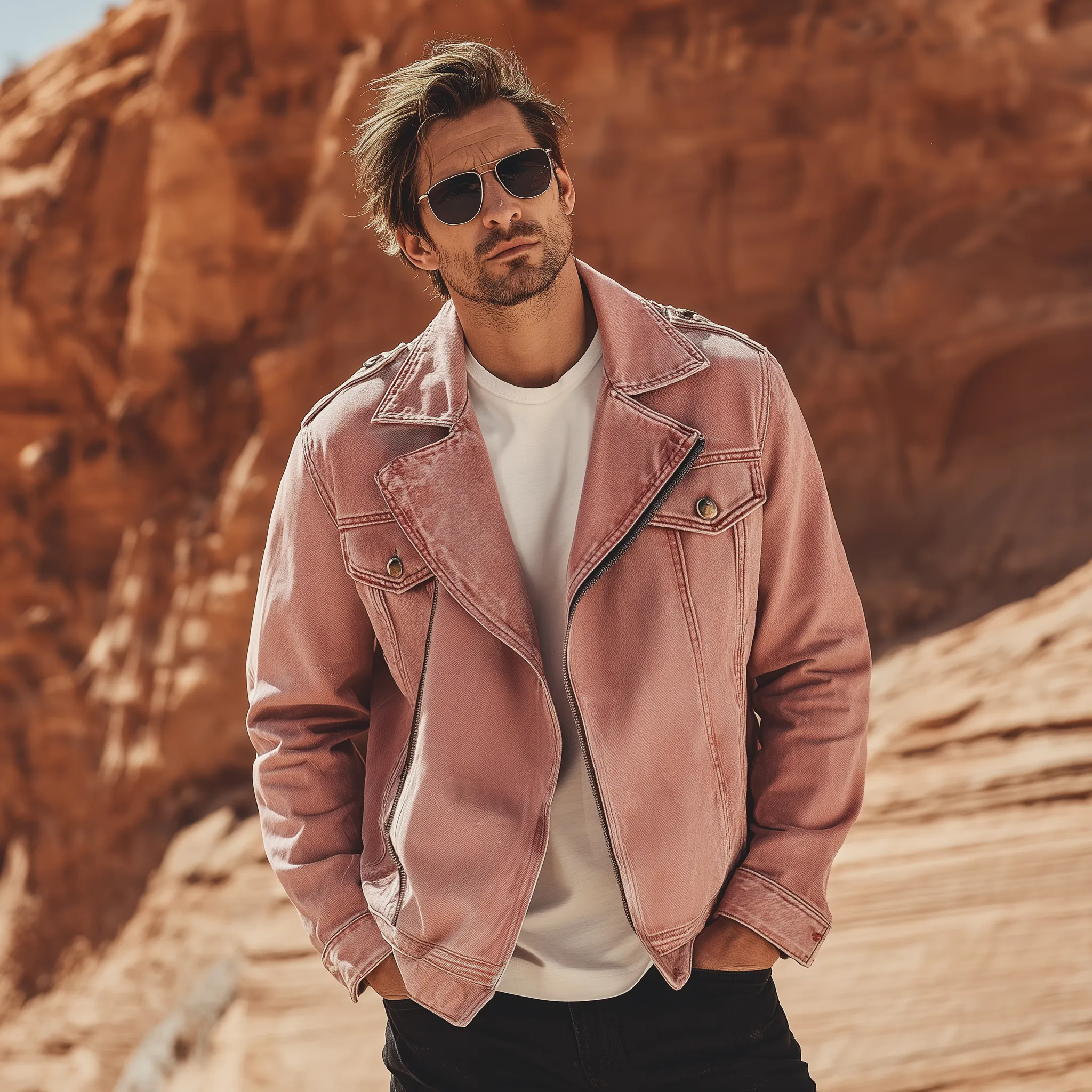 Men's Classic Casual Lapel Pink Washed Denim Zip-up Jacket MTA2193H4K sold by Manly product image thumbnail 3