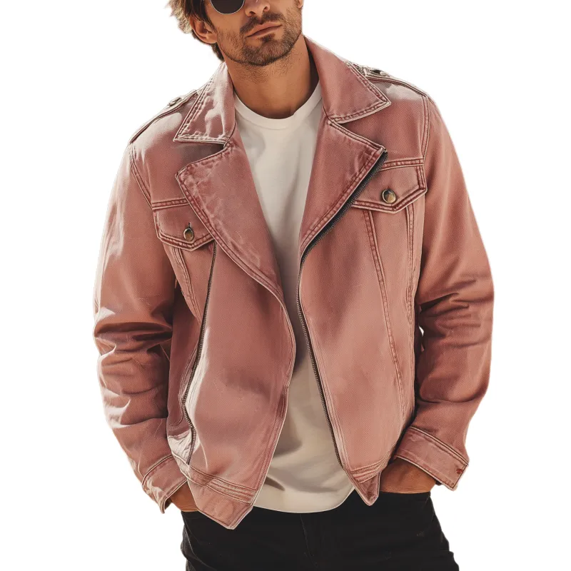 Men's Classic Casual Lapel Pink Washed Denim Zip-up Jacket MTA2193H4K sold by Manly