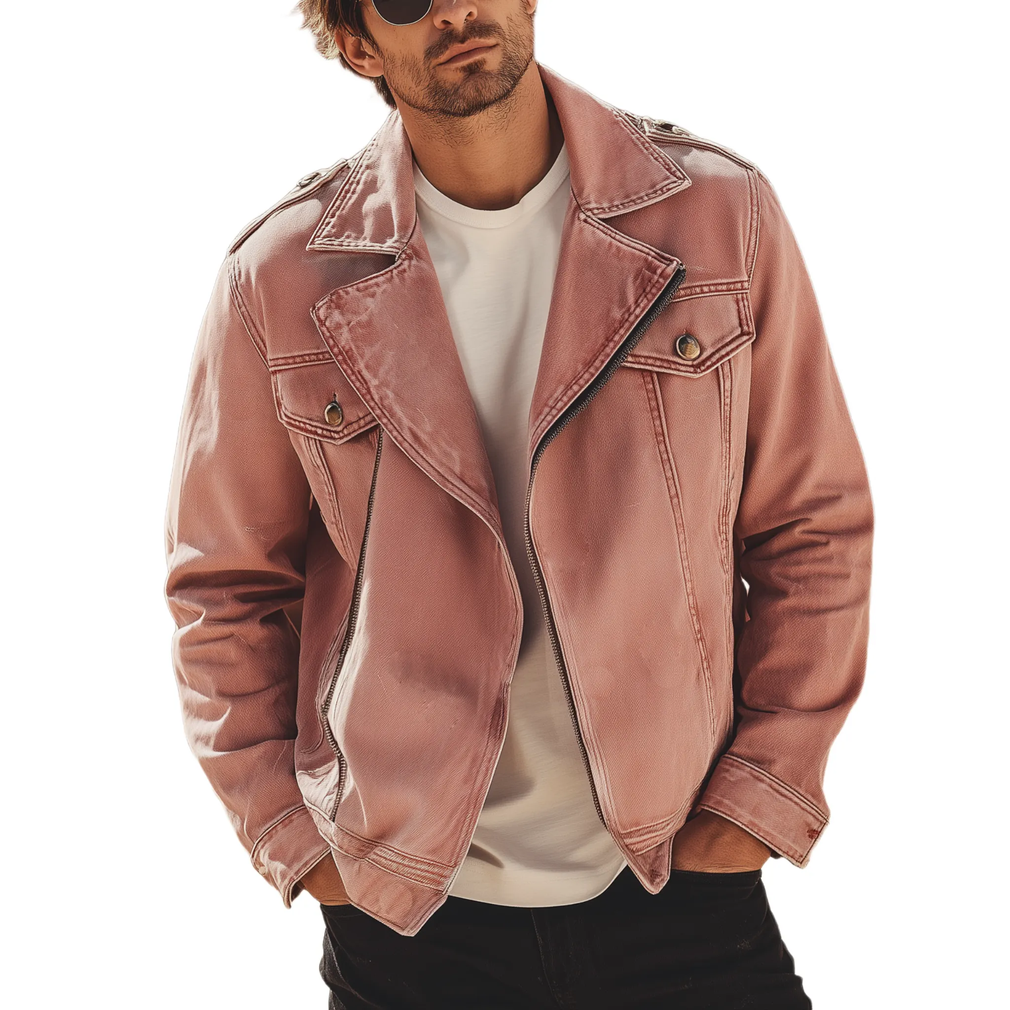 Men's Classic Casual Lapel Pink Washed Denim Zip-up Jacket MTA2193H4K sold by Manly