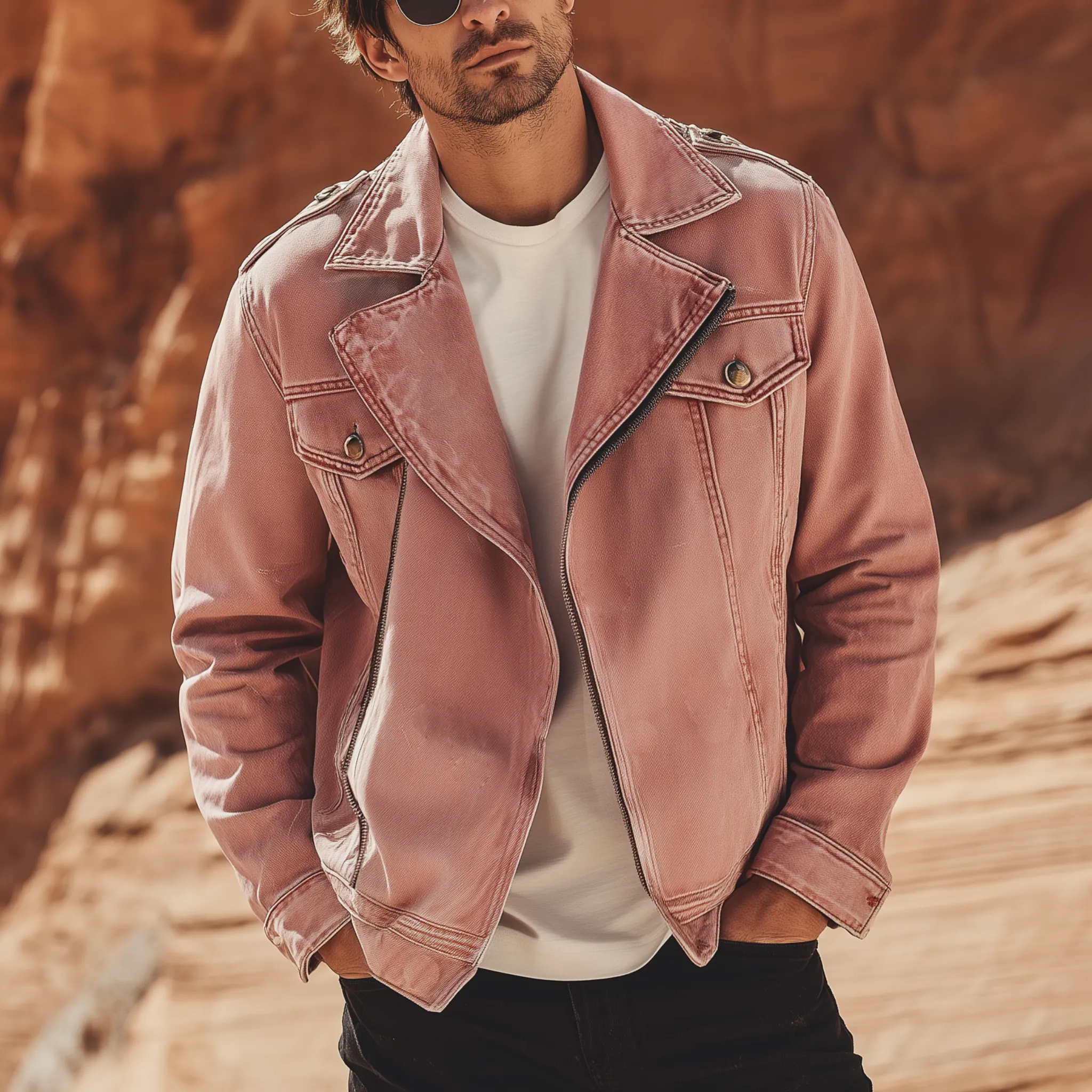 Men's Classic Casual Lapel Pink Washed Denim Zip-up Jacket MTA2193H4K sold by Manly product image thumbnail 2