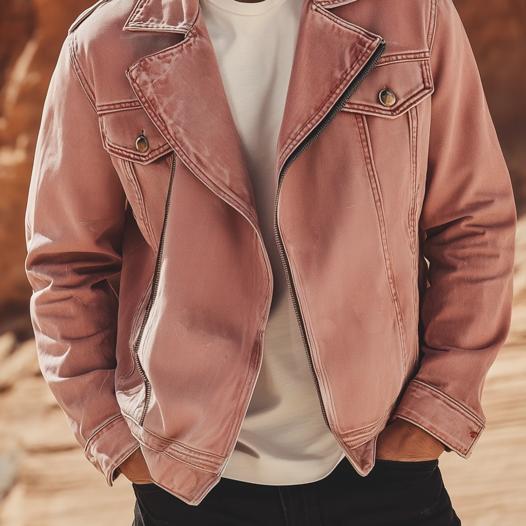 Men's Classic Casual Lapel Pink Washed Denim Zip-up Jacket MTA2193H4K sold by Manly product image thumbnail 5