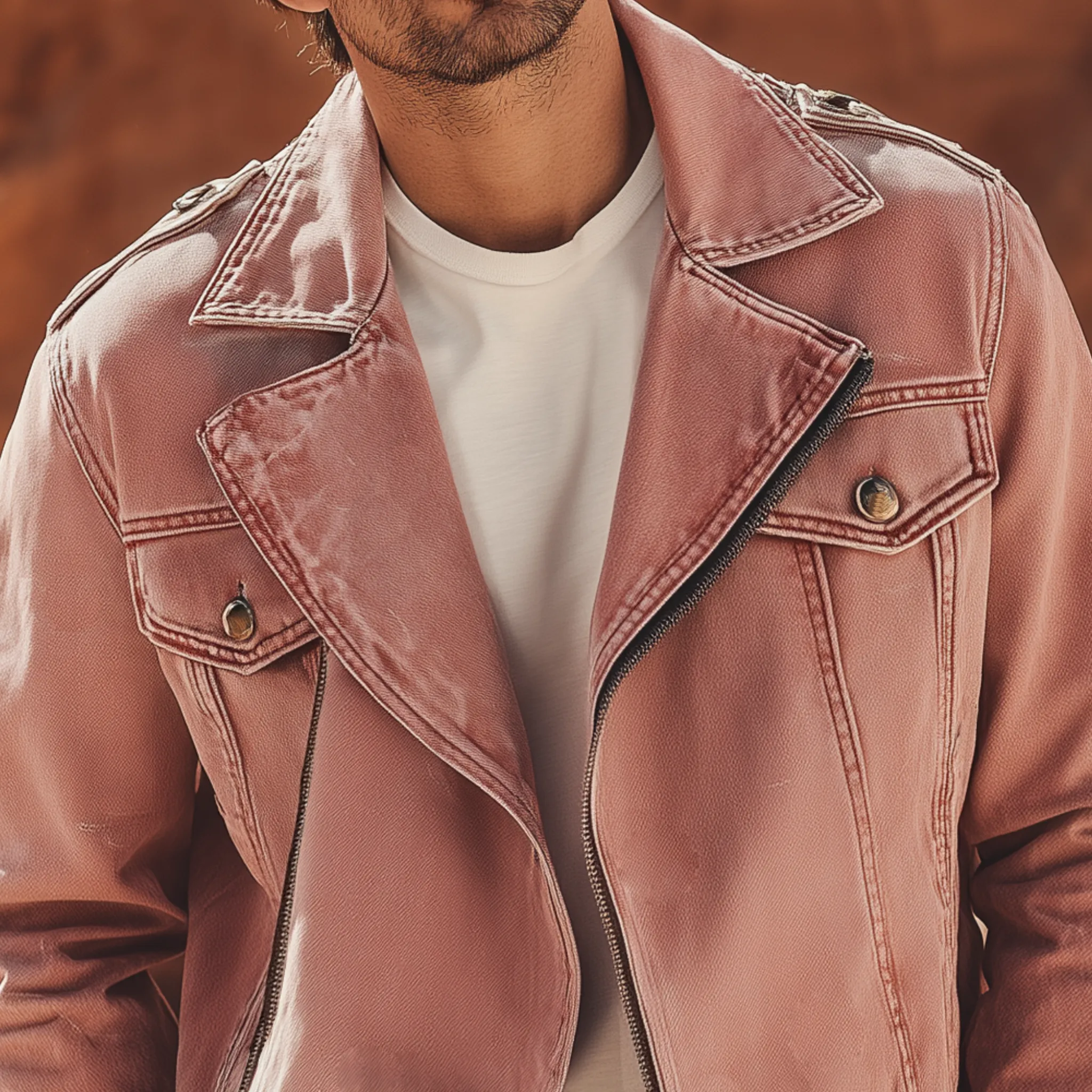 Men's Classic Casual Lapel Pink Washed Denim Zip-up Jacket MTA2193H4K sold by Manly product image thumbnail 4