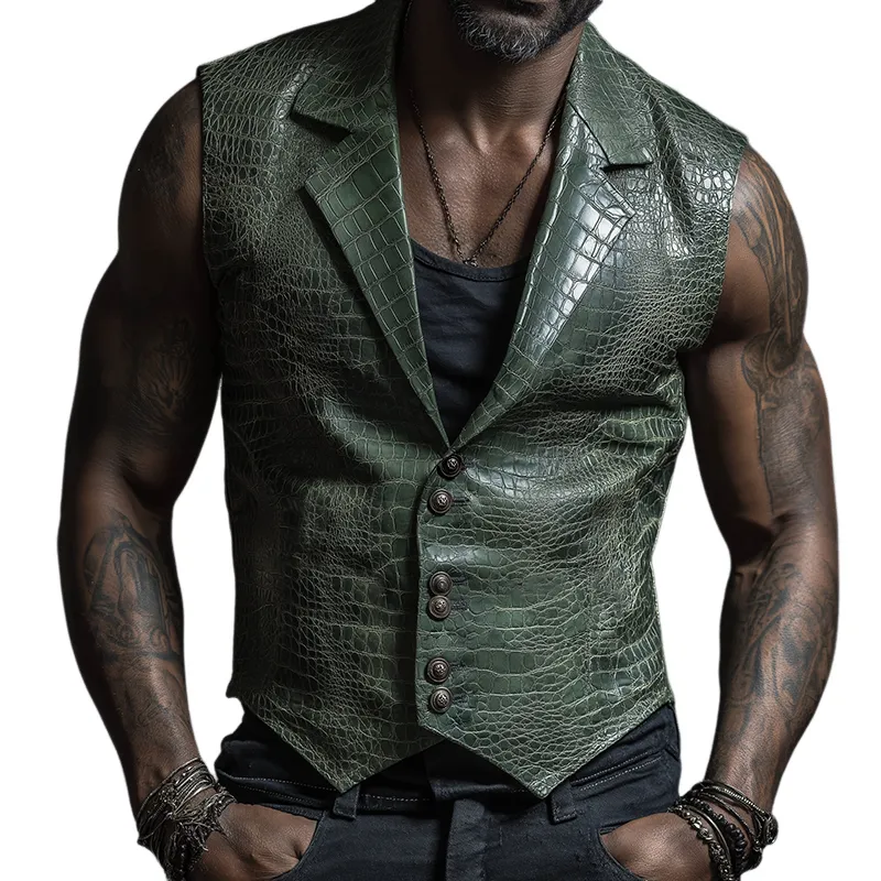 Men's Retro Casual Crocodile Pattern PU Leather Lapel Vest MTA2176H7TO sold by Manly