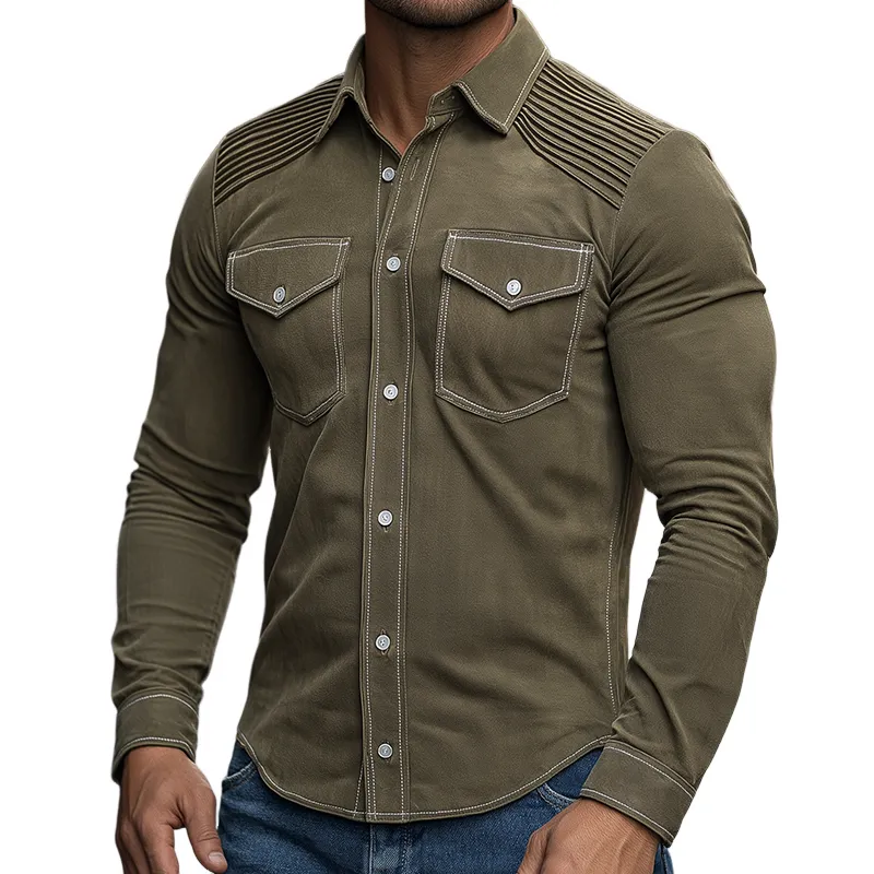 Men's Vintage Casual Suede Pleated Lapel Long Sleeve Shirt MTA2153H8TO sold by Manly
