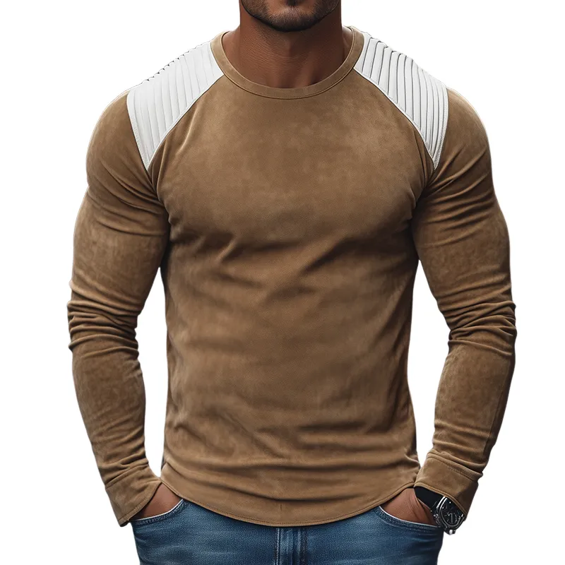 Men's Retro Casual Suede Pleated Round Neck Long Sleeve T-shirt MTA2184H2TO sold by Manly