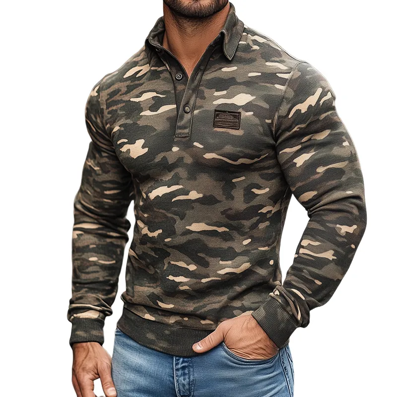 Men's Retro Casual Camouflage Lapel Long Sleeve T-shirt MTA2138H5TO sold by Manly