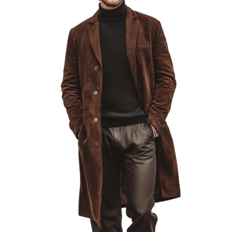 Men's Vintage Solid Color Faux Suede Notched Lapel Single-Breasted Loose Knee-Length Coat MTA2128H5M sold by Manly