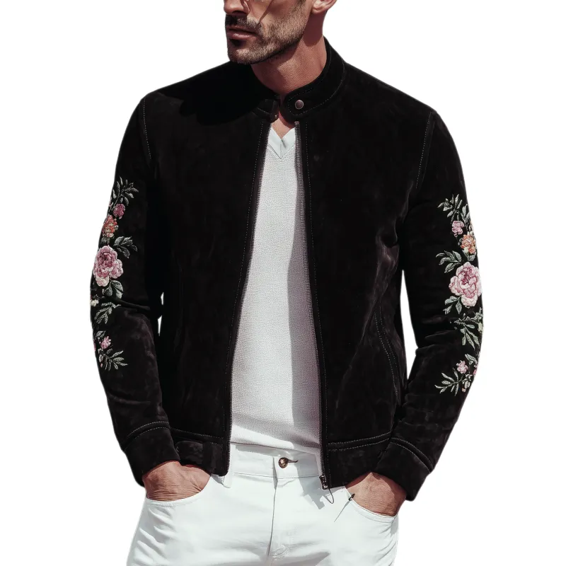 Men's Classic Vintage Stand Collar Suede Elbow Embroidery Zipper Jacket  MTA1478H9K sold by Manly