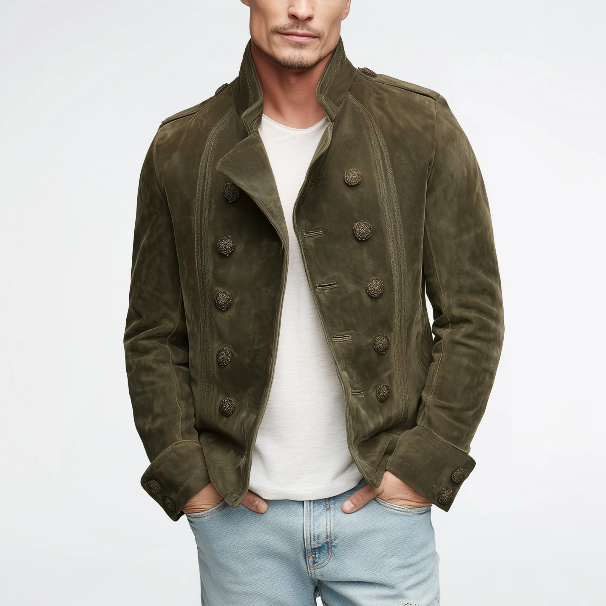 Men's Classic Vintage Lapel Suede Embroidered Double Breasted Jacket MTA2591H0K sold by Manly product image thumbnail 2